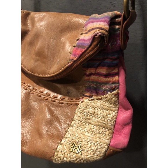 The Sak Deena Brown Leather Boho Patchwork Crossbody Flap Handbag Purse 9x10x3 - Picture 5 of 6